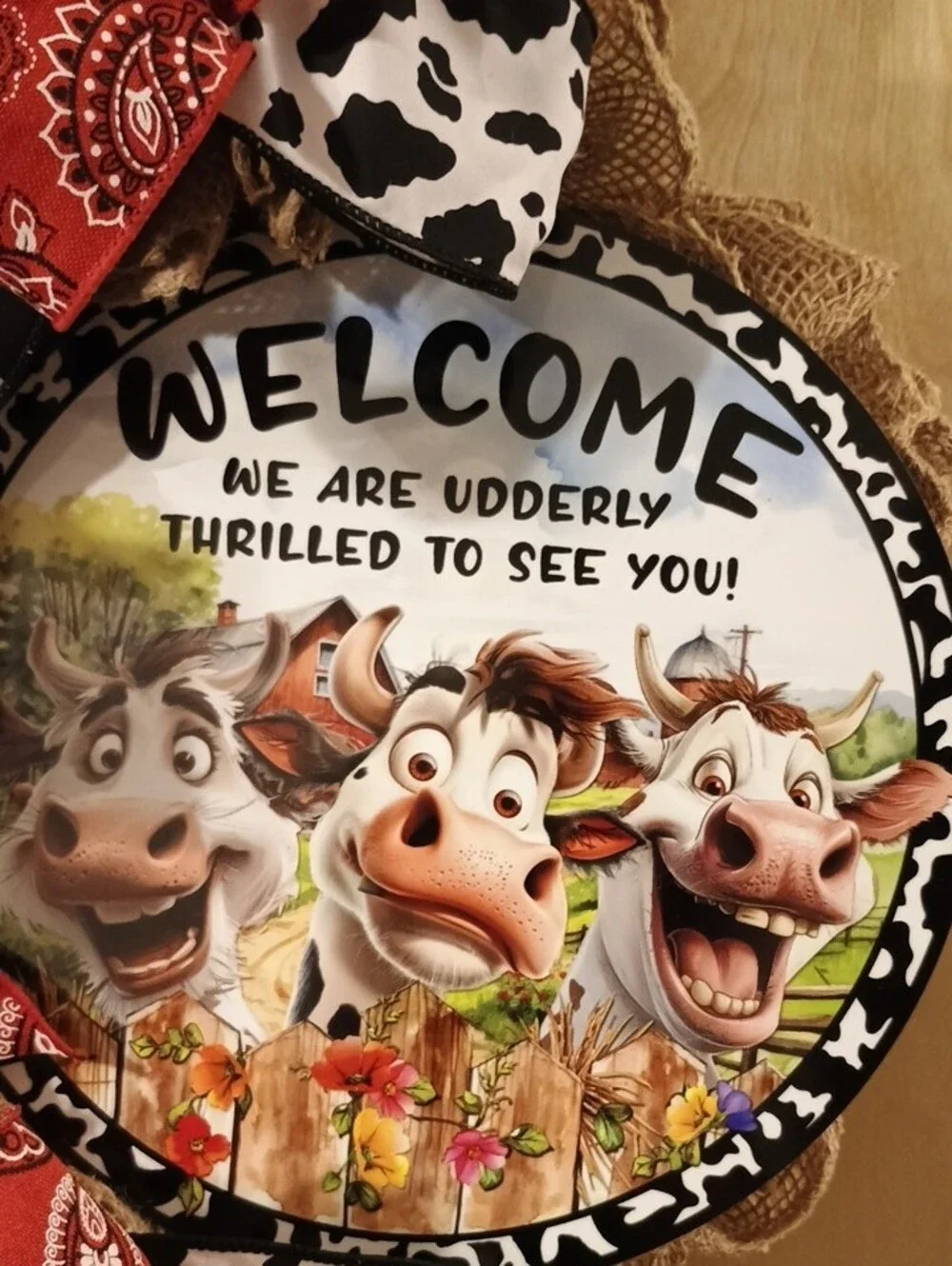 Cow Print & Bandana Welcome Wreath - Red, Black, White